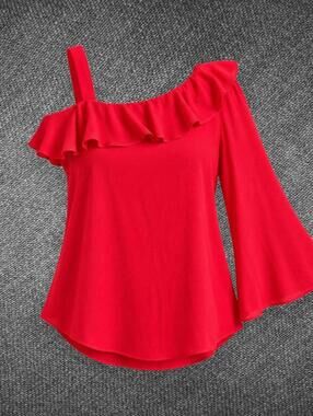 Sami & Jo Red One Shoulder Ruffle Bell Sleeve Top S